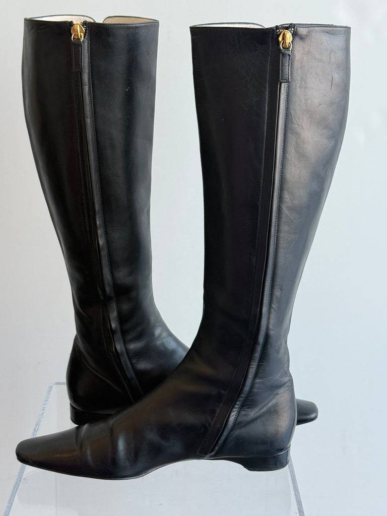 Chanel Black Leather Knee High Boot with Gold Buckles