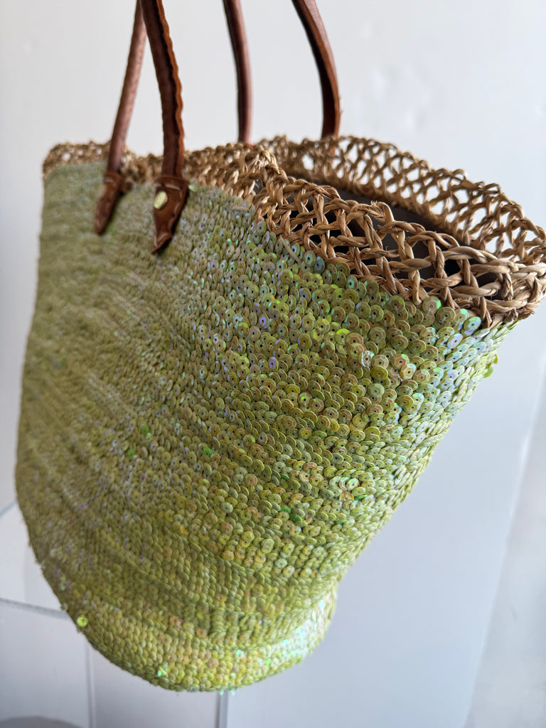 Straw Sequined Heart Tote