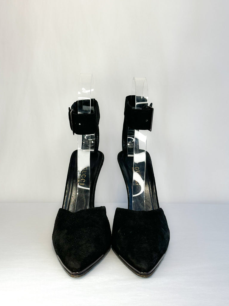 Gucci Suede Pointed-Toe Heel with Ankle Strap
