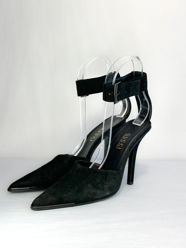 Gucci Suede Pointed-Toe Heel with Ankle Strap