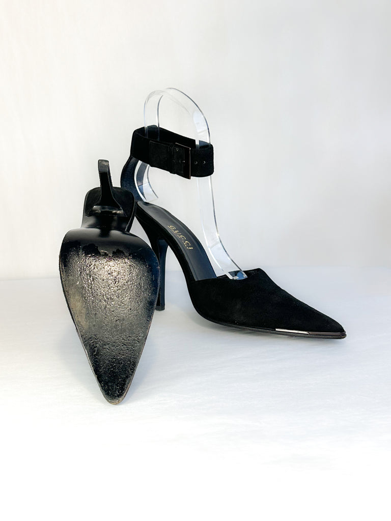 Gucci Suede Pointed-Toe Heel with Ankle Strap
