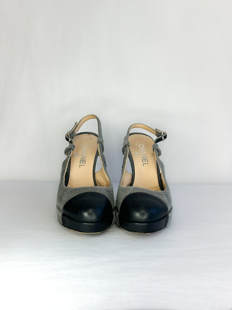 Chanel Denim Sling Back Platform Heel