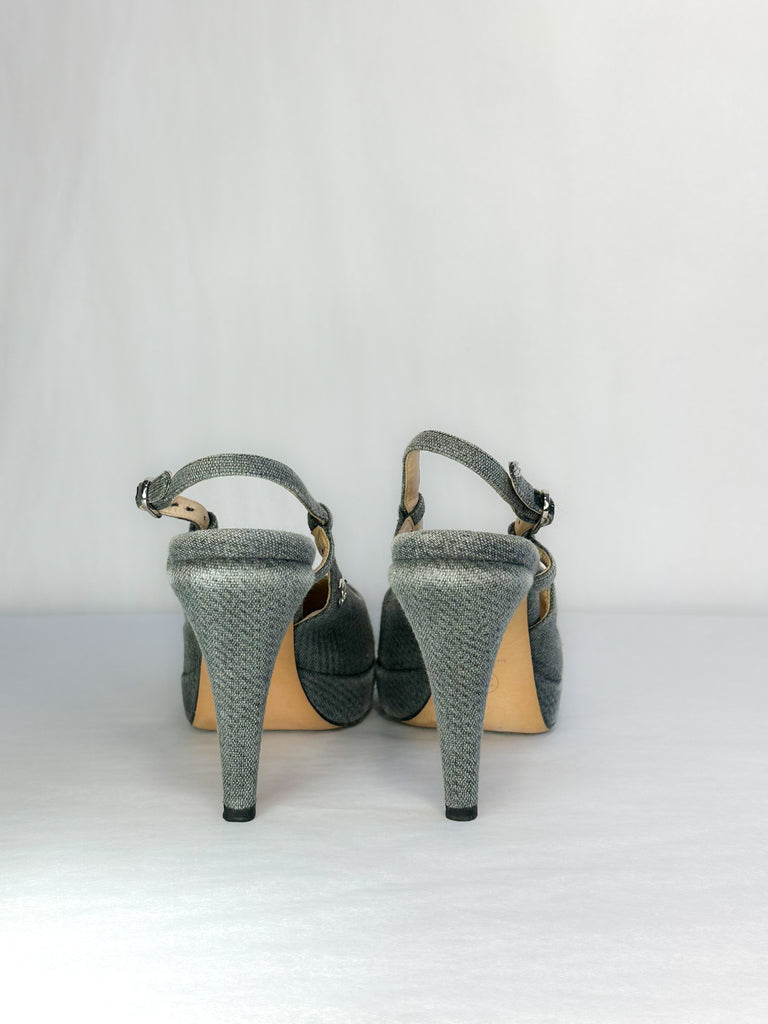 Chanel Denim Sling Back Platform Heel