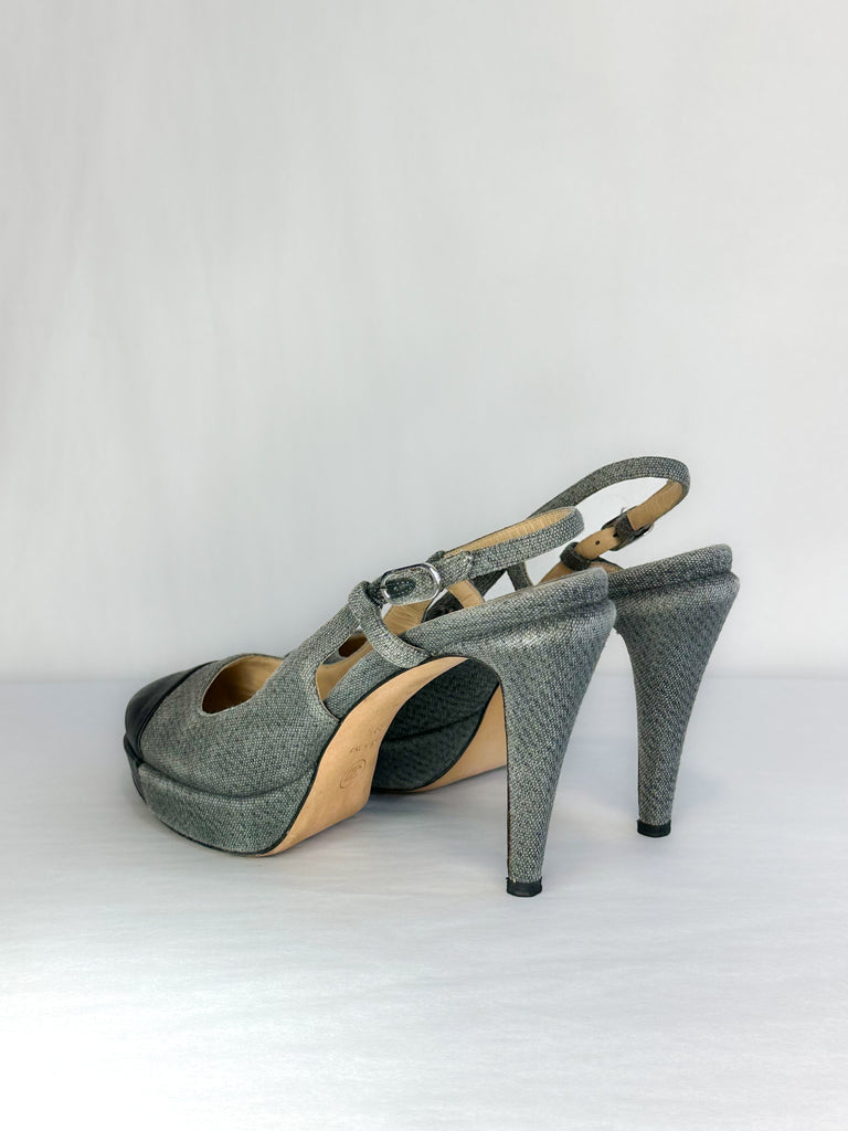 Chanel Denim Sling Back Platform Heel