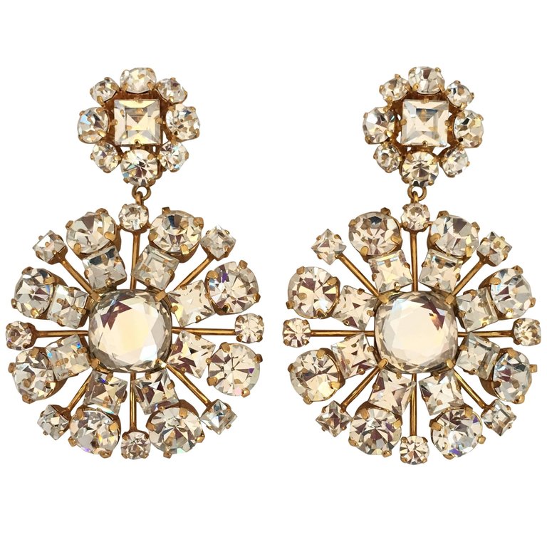 Yves Saint Laurent Crystal and Gold Tone Drop Chandelier Clip Earrings