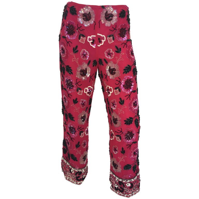 Cache 1980's Fuschia Floral Beaded Silk Cropped Lounge Pants