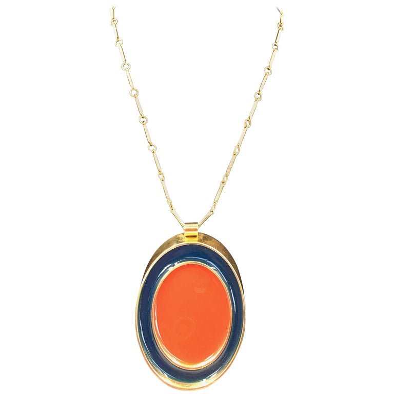 Guy Laroche Gold Tone Necklace with Red + Navy Enamel Plated Oval Pend –  catwalk