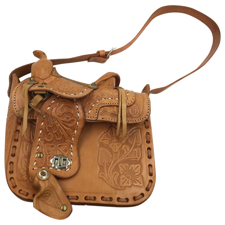 VINTAGE SADDLE PURSE Tooled Brown Leather Western Rodeo Horses £152.50 -  PicClick UK