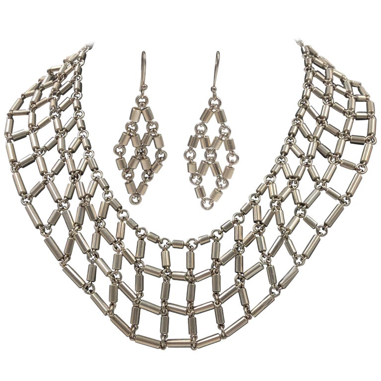 1970's Sterling Silver 925 Linked Collar and Earring Set