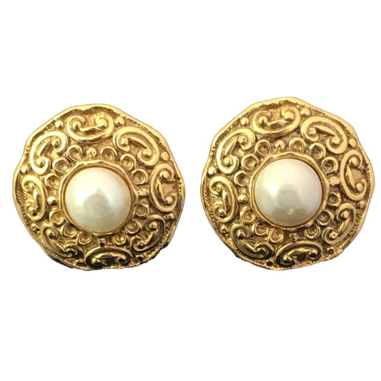 Chanel Gold Tone and Faux Pearl Clip On Earrings