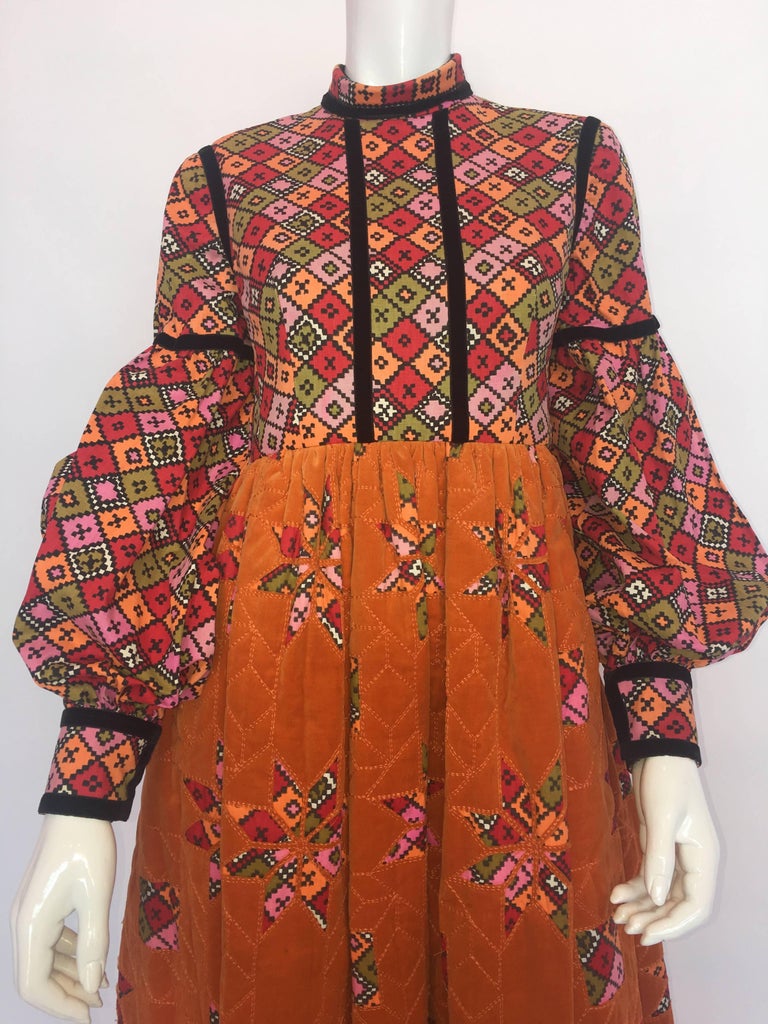 Geoffrey Beene 1960's Orange Multi-Color Dress With Quilted Skirt