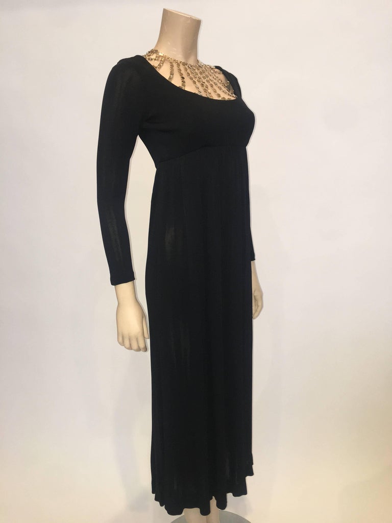 Jay Kobrin 1960's Black Matte Jersey Long Dress with Gold Chain Neckline
