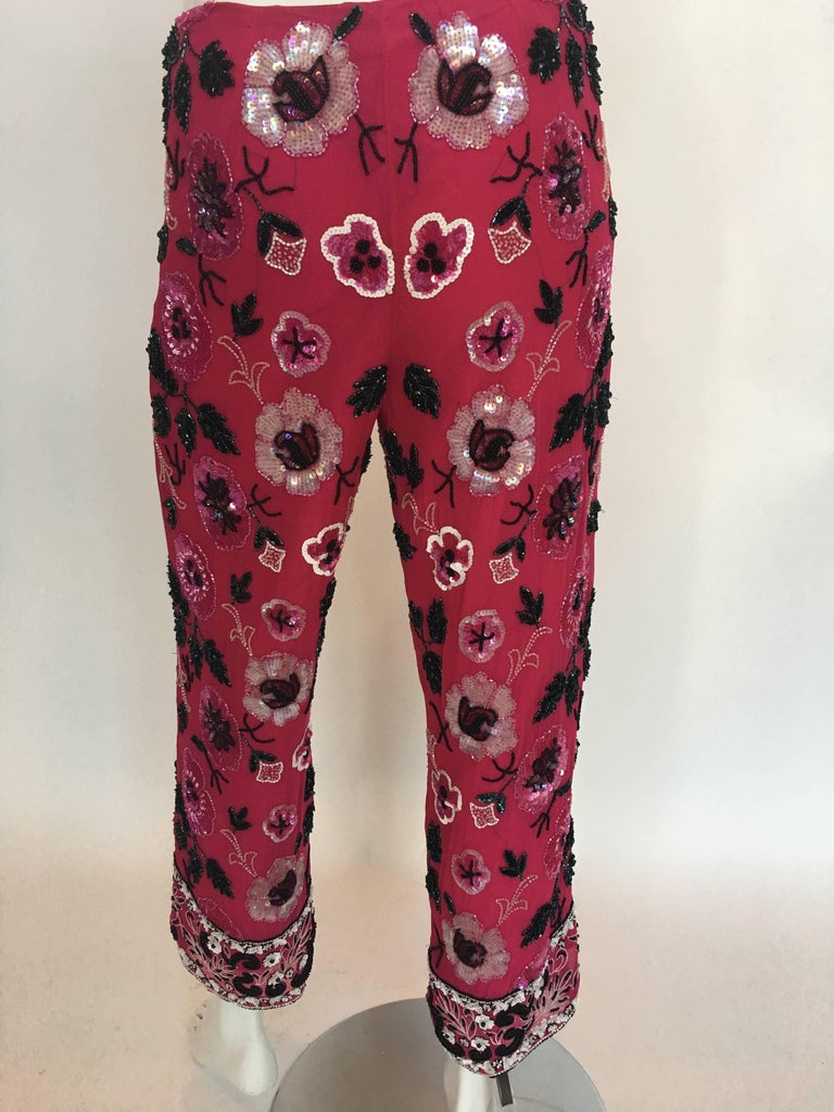 Vintage Rafael Embroidered Capri Pants 14 Pink Floral Linen Beaded