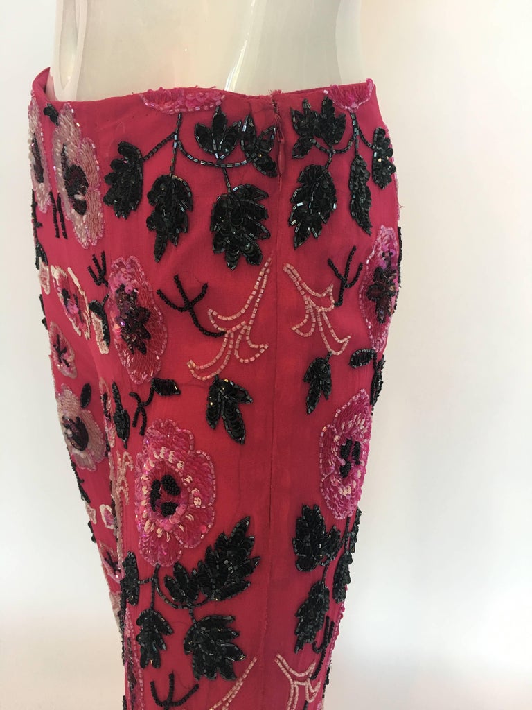 Cache 1980's Fuschia Floral Beaded Silk Cropped Lounge Pants