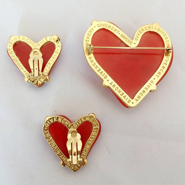 Givenchy Haute Couture Red Lucite Heart Brooch and Earring Set