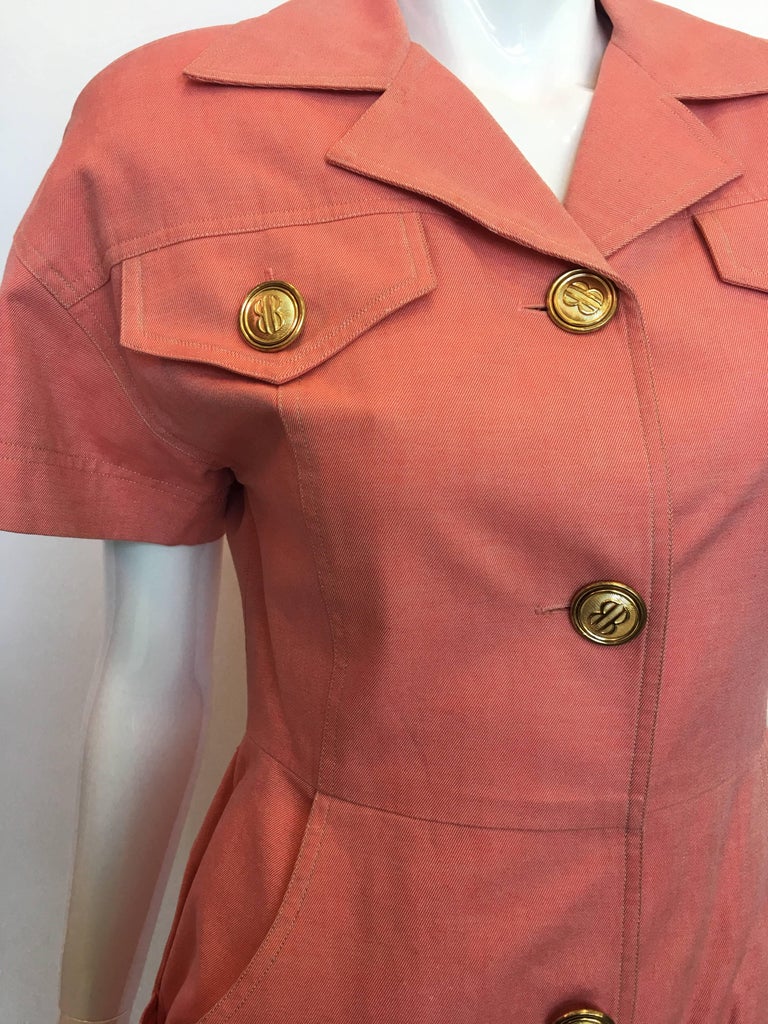 Bill Blass 1990's Salmon Pink Button Up Uniform Suit Dress