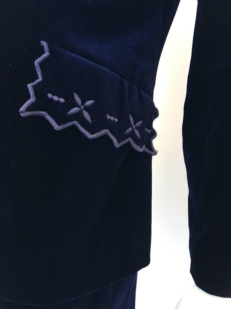 Stephen Marks Selfridges 1970's Navy Blue Embroidered Cotton Velvet Skirt Suit