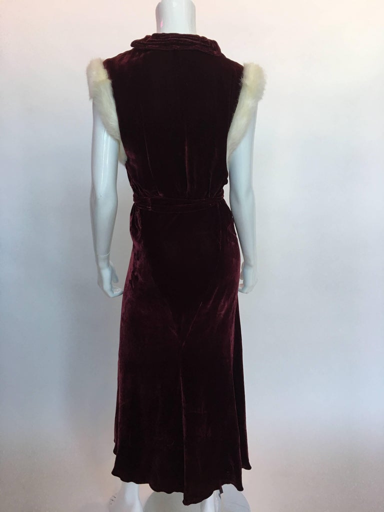 Vintage 1930's Burgundy Velvet Dress with Rabbit Fur Trimmed Sleeves