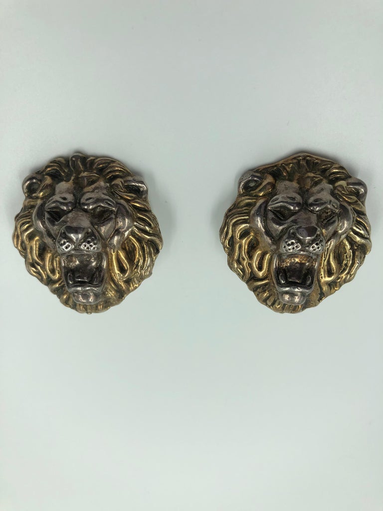 1980's Sterling Silver Lion Face Clip On Earrings