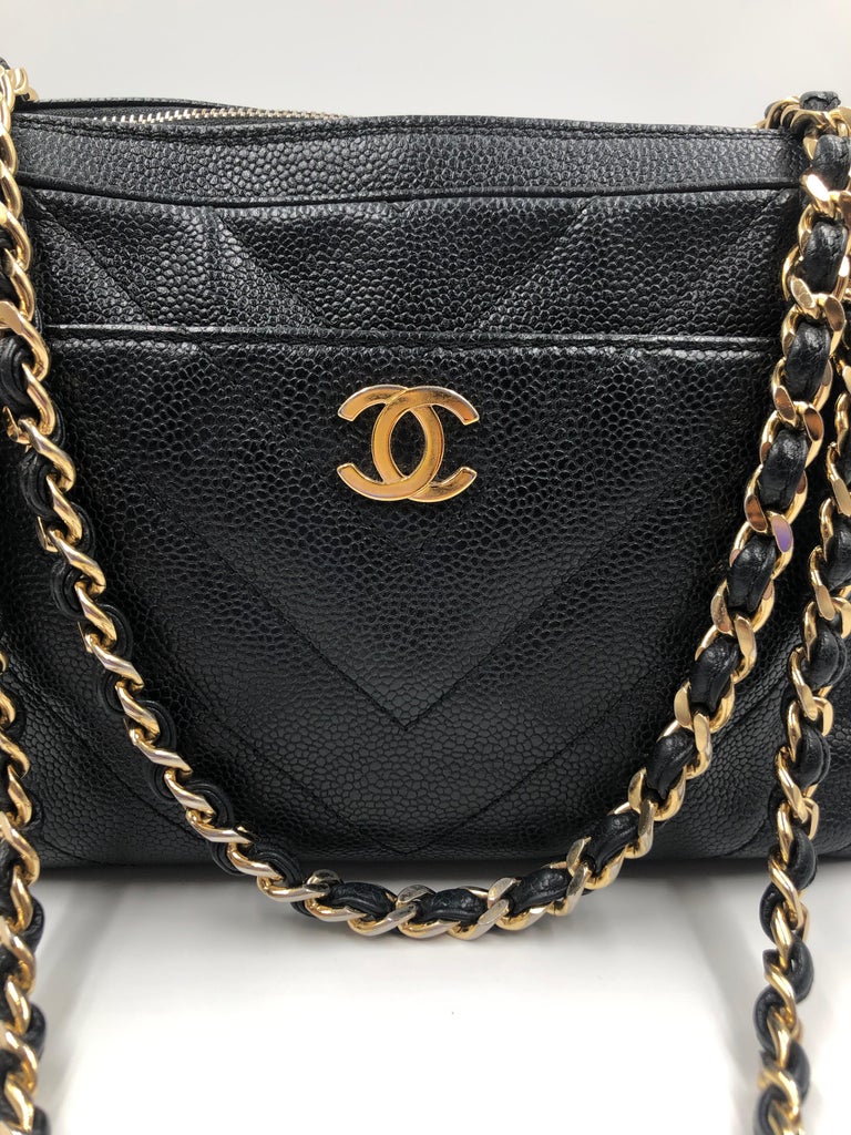 Chanel Black Quilted Chevron Caviar Leather Zip Chain Shoulder Bag