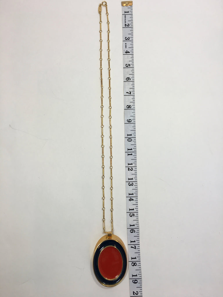 Guy Laroche Gold Tone Necklace with Red + Navy Enamel Plated Oval Pendant