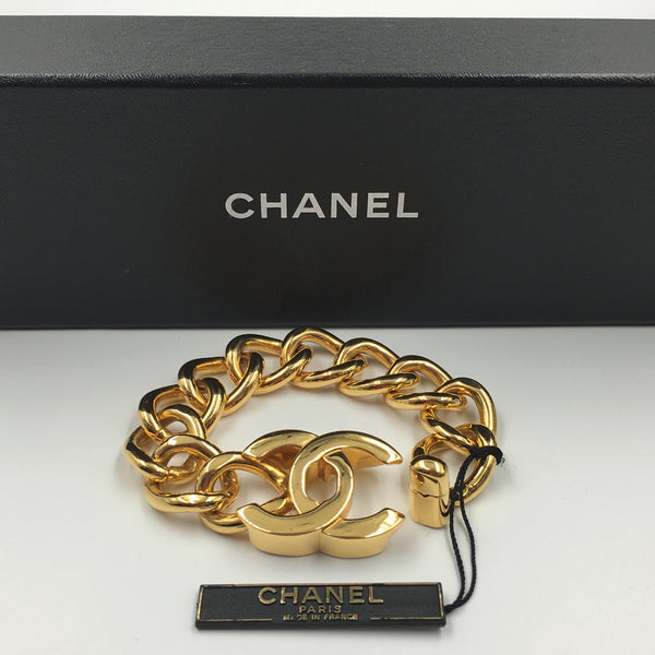 Chanel Vintage Gold Chain & Black Leather ID Tag Nameplate Choker