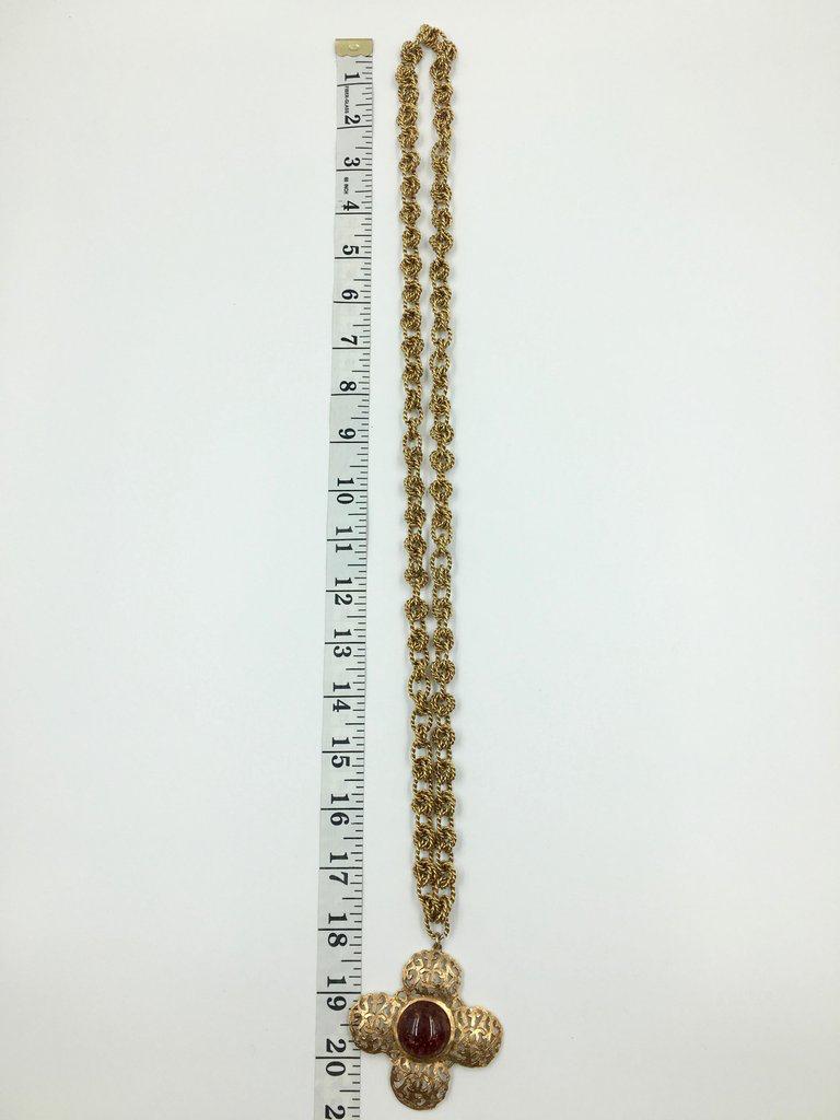 Chanel Antique Gold Tone CC Logo Cross Pendant with Pate de Verre Poured  Glass Center by Maison Gripoix