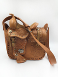 Handmade, Hand Tooled Mexican Leather and Sheepskin Saddle Shoulder Bag