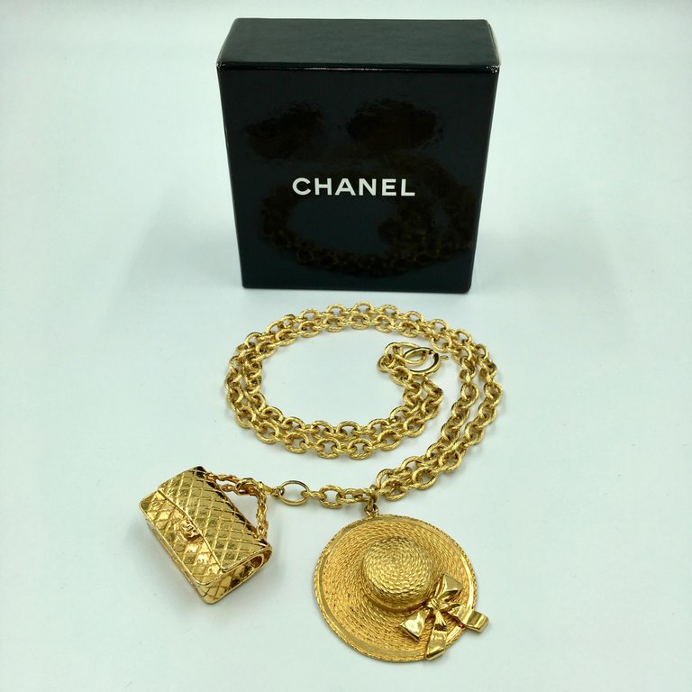 Chanel Large Quilted Bag Charm Pendant Necklace on Double Link Chain